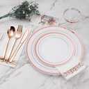BESTVIP 350PCS Rose Gold Disposable Dinnerware Set for 50 Guests, Plastic Plates for Party, Wedding, Christmas, Include: 100 Plastic Plates, 50 Silver Silverware, 50 Cups, 50 Napkins