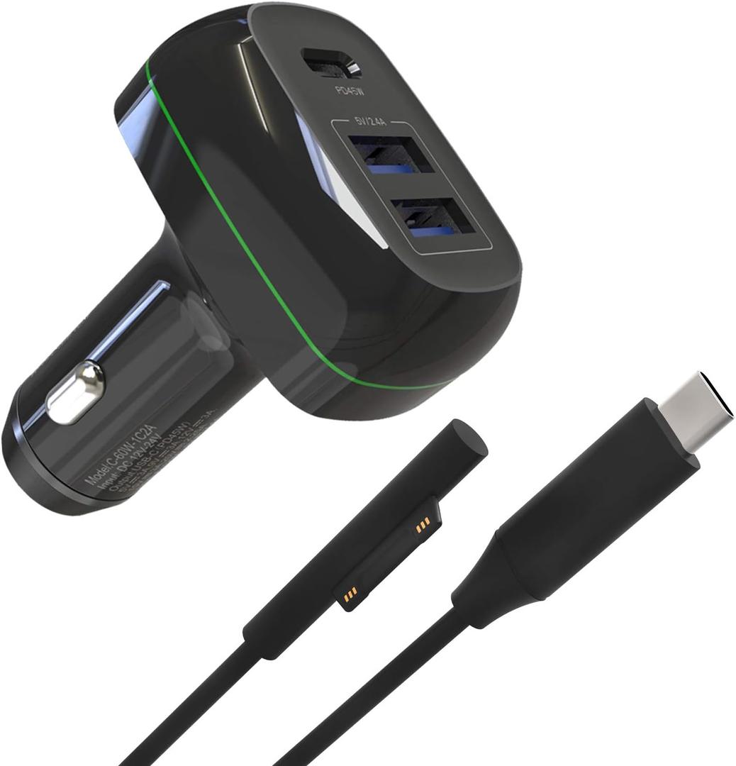 Surface Pro Surface Laptop Car Charger, USB C Car Charger Compatible with Surface Pro 7/6/5/4/3, Surface Laptop Go2/1, Surface Book/Go 3/2/1, Dual USB Port for iPad, Phone, Switch
