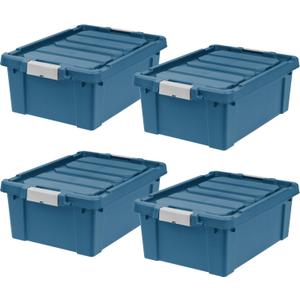 IRIS USA 12 Gallon Eco-Friendly Lockable Storage Bins with Lids, 4 Pack - Made in USA, Heavy Duty, Stackable Containers, Garage Organizing Bins Moving Tubs, Rugged Sturdy Equipment Utility Box - Navy