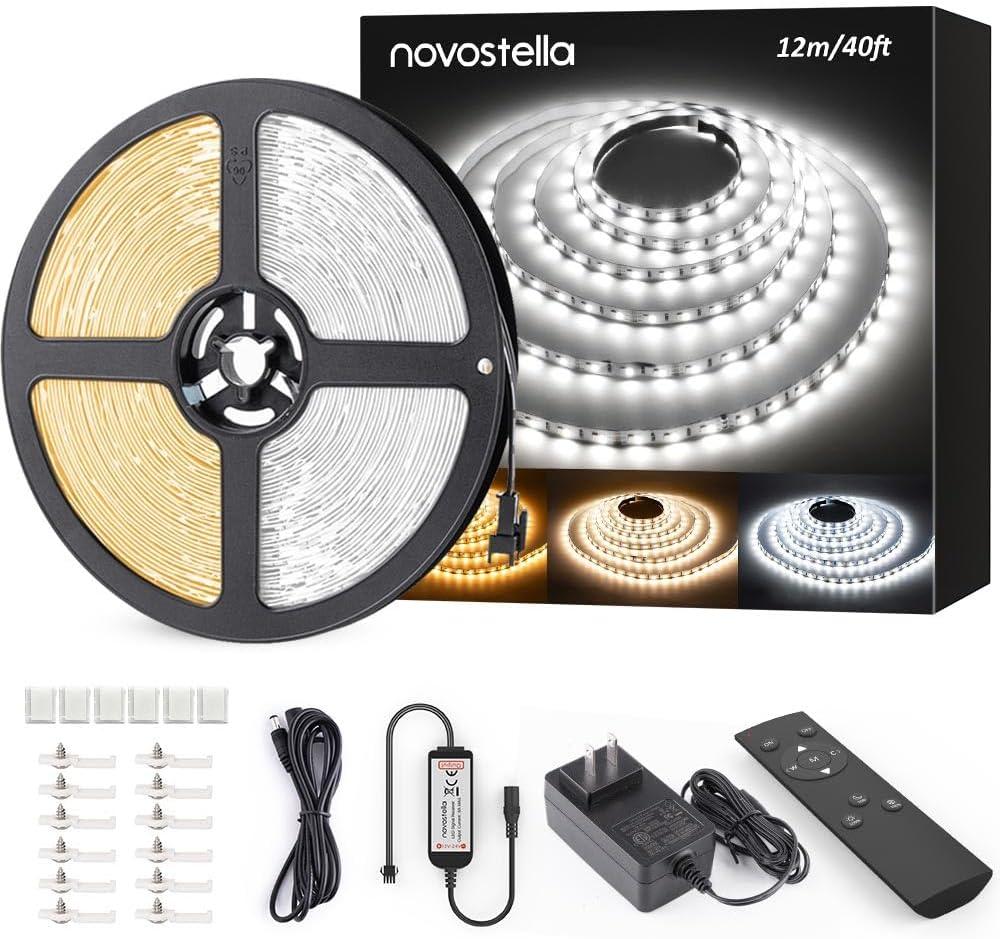 Novostella 40ft Tunable White LED Strip Light 1344 LEDs Dimmable 3000 K-6500 K 24V Remote Flexible LED Tape for Christmas Living Room Cabinet Counter Bedroom Home Kitchen Bar Ceiling Daylight Warm White (40ft (Non-Waterproof))