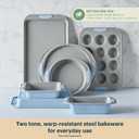 Pyrex 3-Piece Metal Cookie Sheet Bakeware Set, Lightweight Stainless Steel Baking Trays with Heatsafe Silicone Handles, Cookie Sheet Baking Pan, Cerulean