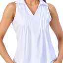 SUNNOW Women's Pintucked Collared Tank Top Sleeveless Shirt V Neck Work to Resort Blouse (White, M)