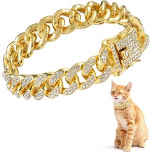 Amabro Diamond Cat Chain Collar, Metal Cuban Link Dog Collar with Secure Buckle Cat Pet Necklace Chain Pet Collar Jewelry Accessories for Small Medium Dogs Cats Puppy Kittens (Gold, 10 inch)