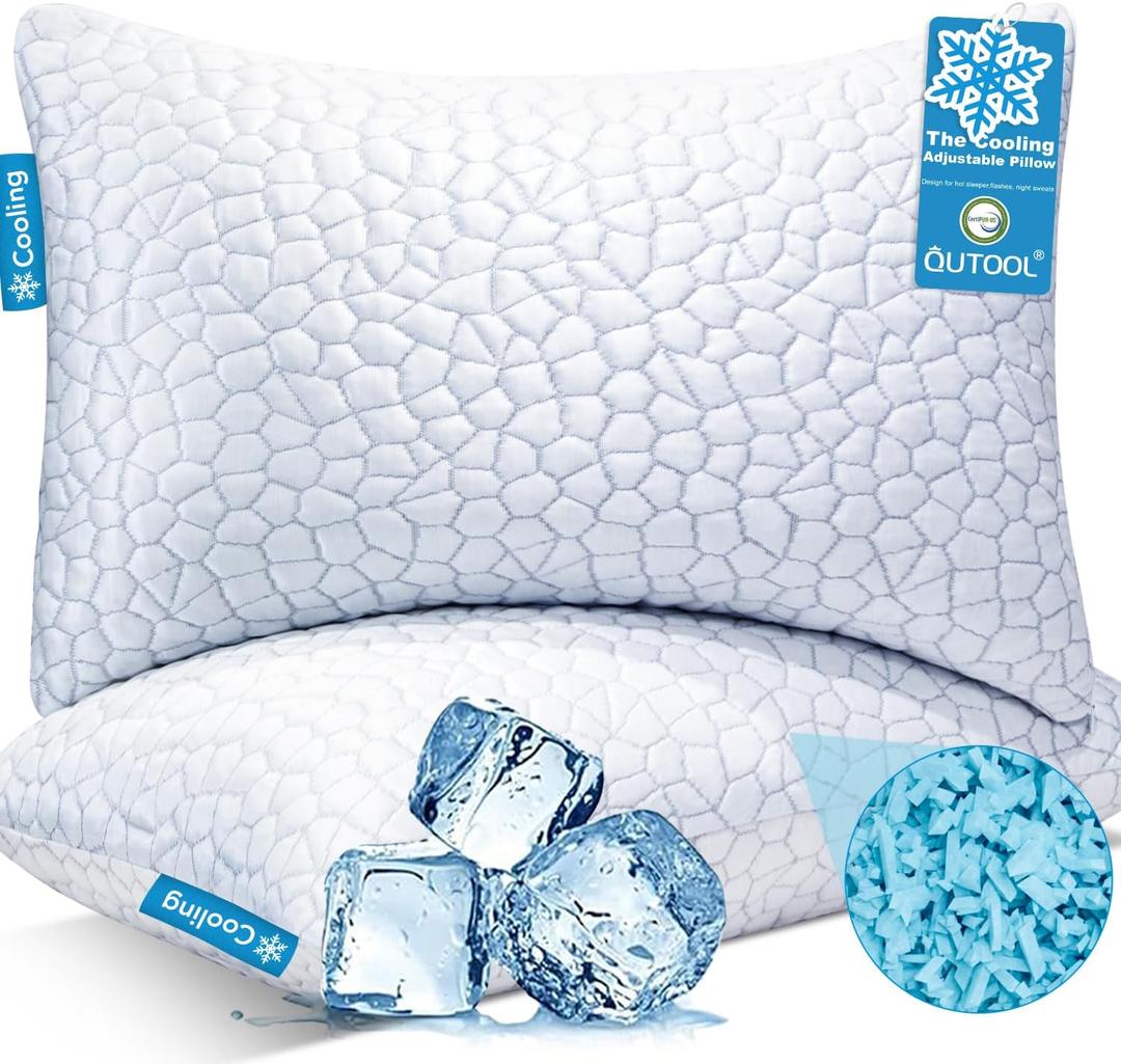 QUTOOL Cooling Pillows for Sleeping 2 Pack, Shredded Memory Foam Bed Pillows Queen Size Set of 2, Cool Gel Pillow for Hot Sleepers Adjustable Firm Pillow for Side, Back and Stomach Sleepers Supportive (White-cooling Basic)