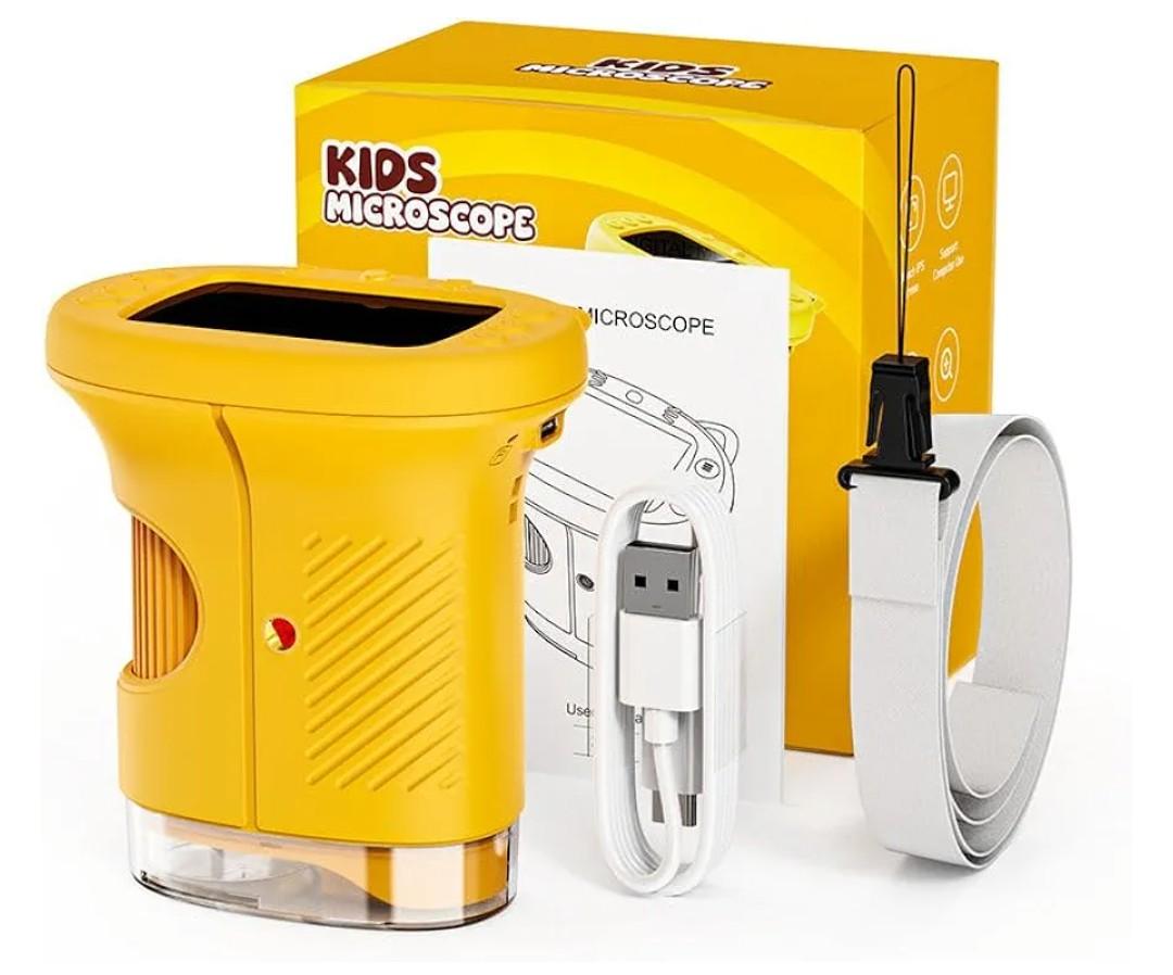 1000X Handheld Digital Microscope for Kids, 2.4-Inch Screen Portable Microscope with 12 Prepared Slides, Educational STEM Science Toy for Children Ages 3–12 (Yellow)