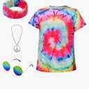70s Hippie Costume for Kids Colorful Tie Dye Shirt Boys Girls 4Pcs Accessories Set for Halloween Party Cosplay, L
