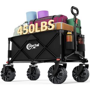 PORTAL Collapsible Folding Utility Beach Wagon Carts Heavy Duty with All Terrain Wheels for Outdoor, Camping, Garden, Shopping, Groceries, Foldable, Large Capacity, Portable, Black