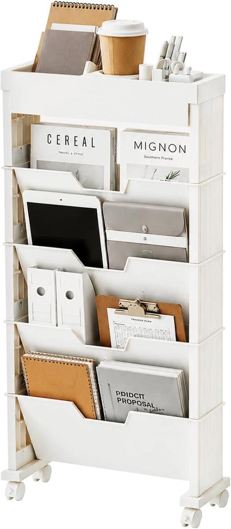5-Tier Rolling Bookshelf, Rolling Book carts with wheels,Book Storage Rack