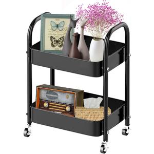 Melody House 2 Tier All-Metal Rolling Storage Cart with Handle and Locking Wheels - Kitchen, Laundry, Office, Bathroom Organizer, Black