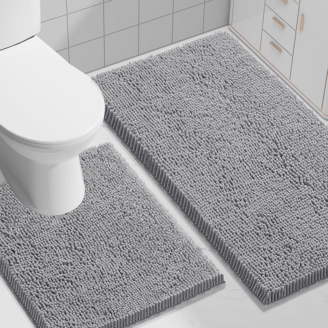 2 Pcs Bathroom Rugs, Bath Mats for Bathroom, Bathroom Rugs Washable, U Shaped Toilet Rug, Ultra Soft Chenille Bath Mat Set, Absorbent Bath Rugs for Bathroom Floor, 30x20Inch, 24x17 Inch