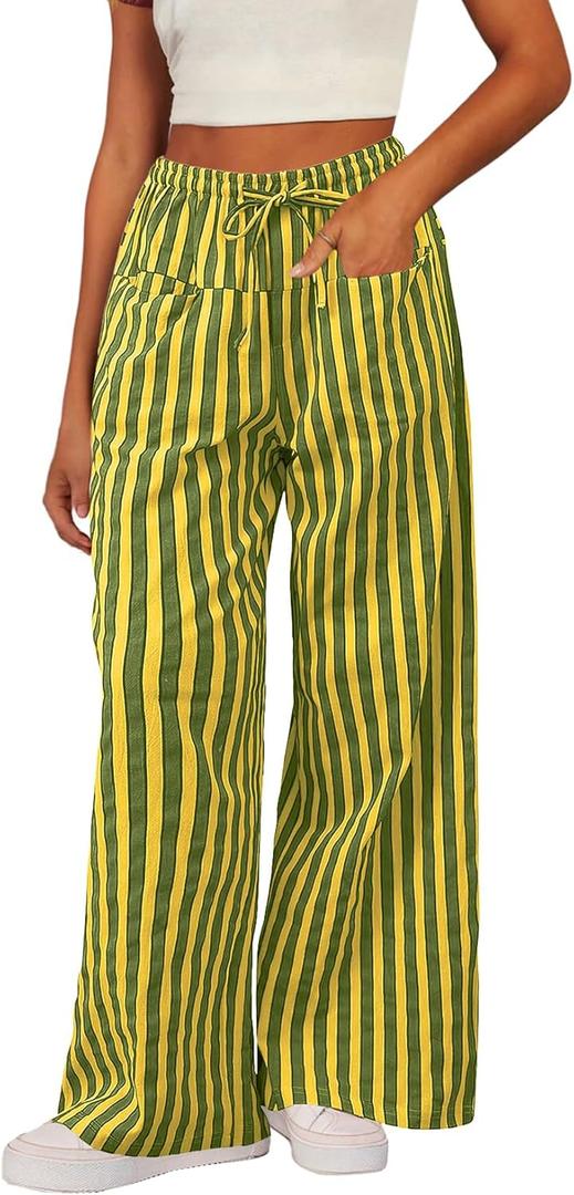 Acelitt Women Casual Drawstring Elastic Waist Loose Wide Leg Striped Pants with Pockets (Medium, Yellow)