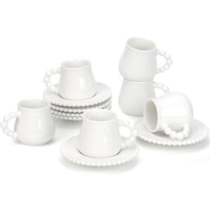 Coffee Cup Set of 6 with Saucers, 3.5 OZ Ceramic Espresso Cups, Elegant Deco Turkish Coffee Cup Gift for Cappuccino, Latte, Cafe Mocha and Tea, Dishwasher & Microwave Safe (Pearl White)