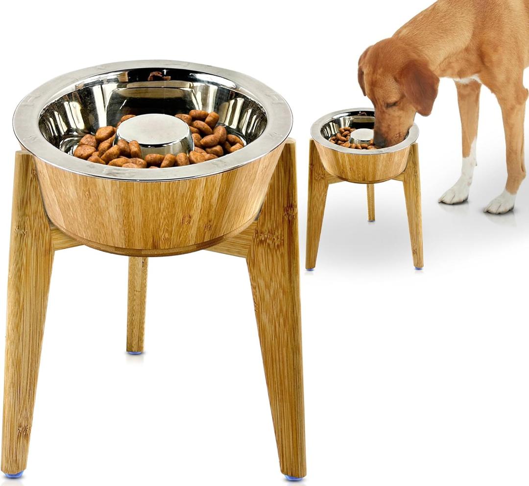 Slow Feeder Dog Bowls for Large Breeds - Bowl is 12-inch High with Stand - Elevated, Raised Bamboo-Stainless Steel Dish (Height: 12" Bowl: Width: 8")