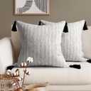 AELS 20x20 Decorative Farmhouse Linen Throw Pillow Covers with Tassels, Boho Textured Pillow Case, Set of 2, Beige with Ombre Black Stitch Yarn Dyed Stripe Cushion Cover (Cover ONLY)