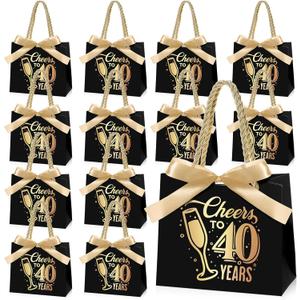 Clysee Mini Birthday Gift Bags with Handles Party Favor Bags Bulk for Birthday Wedding Anniversary Supplies Decorations, 5.51 x 2.36 x 4.72 Inches (Cheers to 40, Black and Gold)