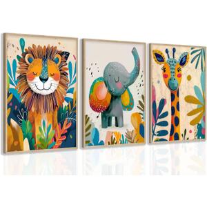 3Pcs Safari Animal Nursery Canvas Wall Art Cute Watercolor Elephant Giraffe Lion Pictures Wall Decor Colorful Jungle Animals Posters Painting Prints for Kids Room Baby Boys and Girls Room, Unframed (16L''x12W'')