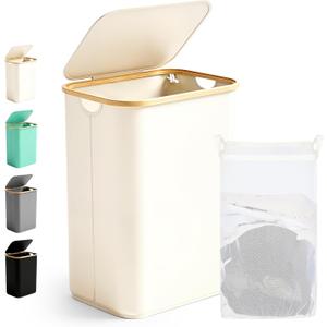 Laundry Basket 85 Litres, Foldable Laundry Hamper with Lid and Removable Laundry Bag, Laundry Bin Narrow for Laundry Room, Bathroom, Bedroom, Cream