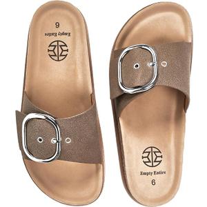 Women's Cork Sandals with Arch Support – Fashion Slides with Oversized Metal Buckle and Soft Microfiber Suede Upper – Comfortable Sandals for Wide Feet, High Instep, Swollen Feet 8.5