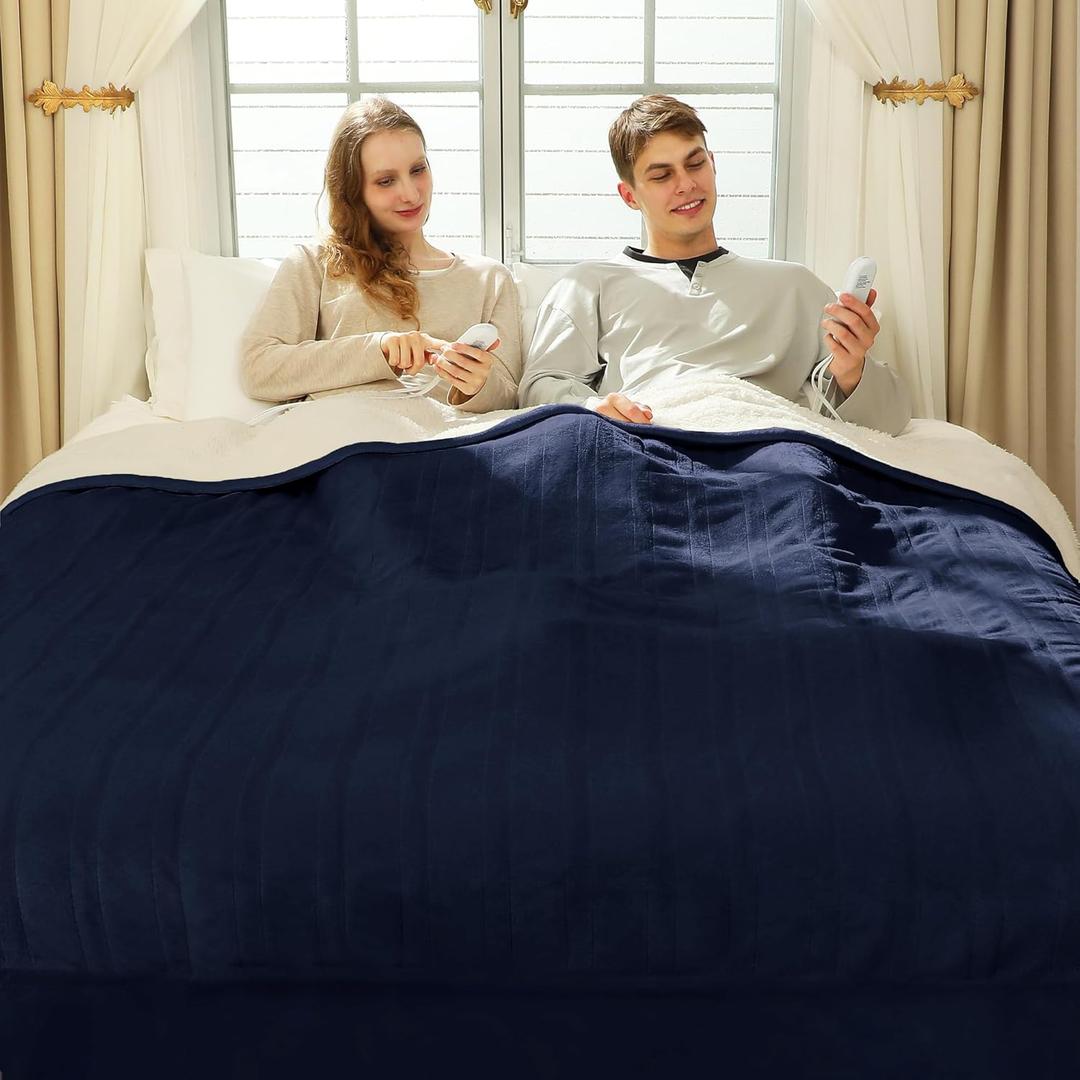 Heated Blanket King Size 100" x 90" - Soft Flannel Sherpa King Size Electric Blanket with Dual Control, 5 Heating Levels & 10 Hours Auto Off, Washable Heated Blanket with Fast Heating(Navy)
