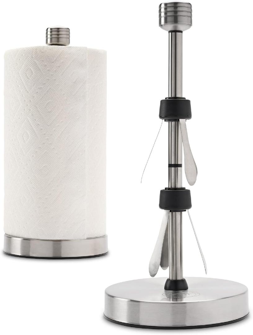 Stainless Steel Paper Towel Holder Designed for Easy One-Handed Operation - This Sturdy Weighted Paper Towel Dispenser Countertop Model Has Suction Cups and Holds All Paper Towel Rolls (Silver)
