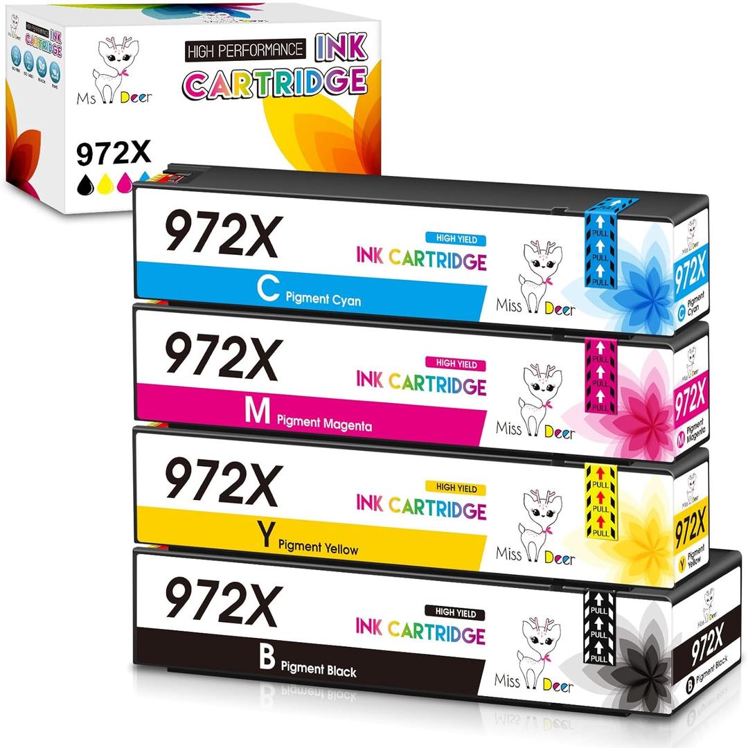 Miss Deer 972X Ink Cartridge, Compatible Replacement for HP 972X 972 972A Ink Cartridges,Work for PageWide Pro 452dn 452dw 477dn 477dw 552dw 552dn 577dw 577z Printer, 4 Pack