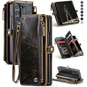 Defencase Wallet Case Compatible with Samsung Galaxy Z Fold 5 with RFID Blocking Card Holder & S Pen Holder Slot PU Leather Magnetic Snap Flip Zipper Strap Phone Case Fit for Galaxy Z Fold 5, Coffee