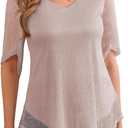 Traleubie Women's Short Sleeve Sparkly Glitter Blouse Double Layer Mesh Top for Parties, Evening Wear, Everyday Style, (Large, Apricot)