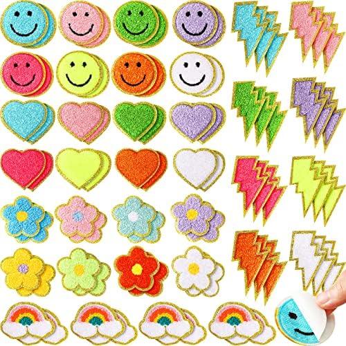 Hanaive Chenille Letter Patches Self Adhesive Iron on Patch 3D Cute Embroidered Rainbow Smile Face Heart Applique Sewing Badges Patch for Fabric Clothing Jacket DIY(Assorted Rainbow,Cute)