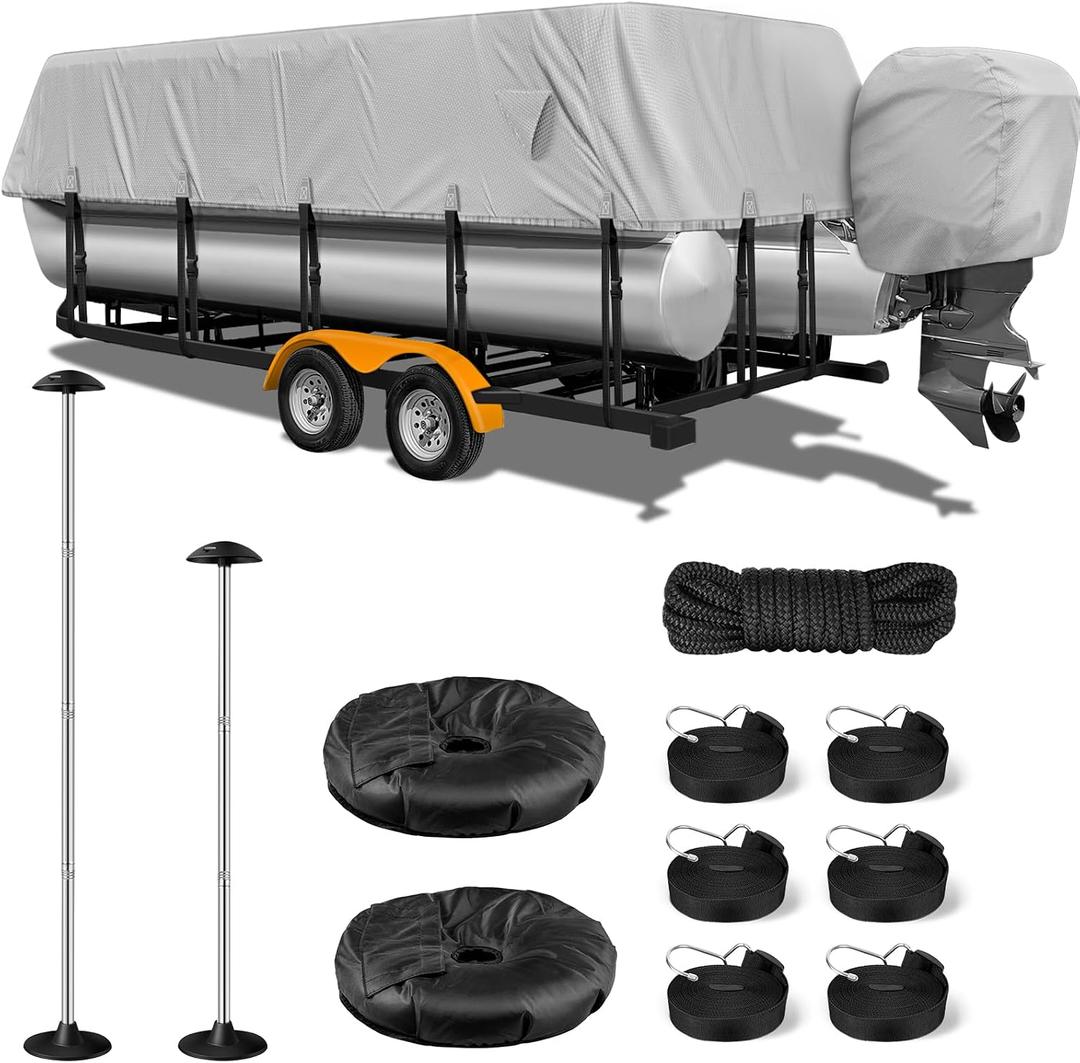 1200D Pontoon Boat Cover with Support Poles 2 Pack, Heavy Duty Pontoon Boat Cover, 17-20 ft Boat Cover for Pontoon with Motor Cover, Adjustable 14 Tie Down Straps,Gray