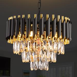 Modern Crystal Chandeliers 15.7Gold Contemporary Crystal Ceiling Lights Fixtures 3-Tiers 5 Lights Black Round Chandelier Pendant Light Fixtures for Entryway Living Room Dining Room Bedroom Foyer, W15.7in