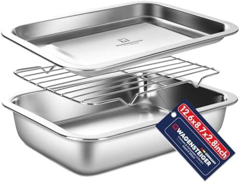 Stainless Steel Casserole Pan or Food Prep Container with Rack & Lid (Tray), 3.5Quarts, Buffet Party Pans, Roasting Pan with Rack, Bakeware, Roaster, Oven-safe, Freezer-friendly (1306 / No6)