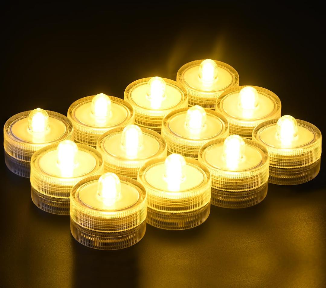 KOABY 12 Pack Warm Yellow Light Submersible LED Lights, Waterproof Flameless Submersible Lights for Decor