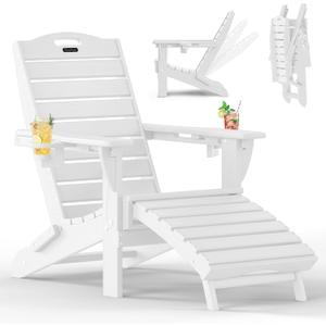 Folding Adirondack Chair with Retractable Ottoman, Weather Resistant Fire Pit Chair Patio Chair with 2 Cup Holder Lawn Outdoor Lounge Chair (White)