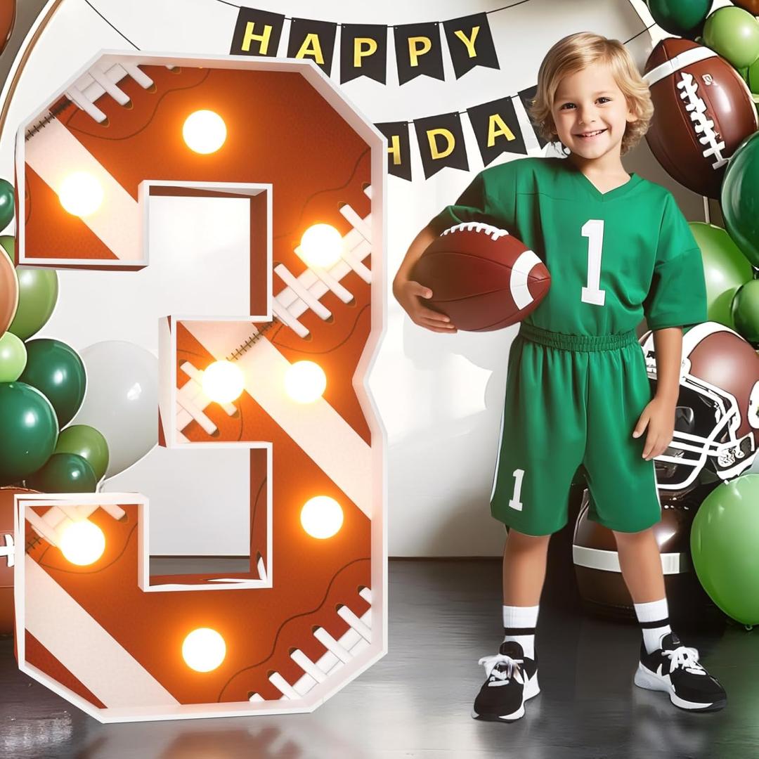 Football 3rd-Birthday Decorations Marquee Numbers: Sport Theme 3FT Large Light up Number Sign 3 Third Year Down Three Years Old Party Decoration Big Balloon Numbers Decor for Boys and Girls