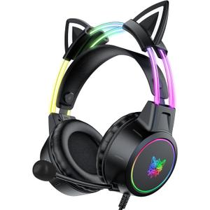Lightweight Gaming Headset with Detachable Cat Ears, RGB Lighting, Wired Over Ear Headphones with Mic for PC, PS4, PS5, Switch, Stereo Surround Sound, Self-Adjusting Headband