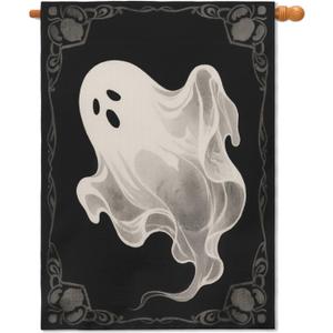 Halloween House Flag 28x40 Inch Spooky Ghost Black Garden Flags for Outside Scary Halloween Holiday Theme Decor Seasonal Outdoor Farmhouse Porch Yard Decoration