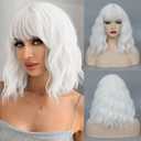 CLIONE White Wigs for Women Short Wavy White Wig with bangs Cosplay Wig Women Girl's Synthetic Wig Short Bob Wigs Shoulder Length White Wig For Daily Party Use Halloween Costume Wigs 14