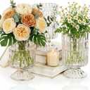 Goaste 3 Pack Embossed Big Base Vase, 7" Crystal Glass Vase, Hydroponic Green Plant Vases, Transparent Flower Vases with Ribbed Pattern for Wedding, Dining Table Centerpieces, Home Decor, Office