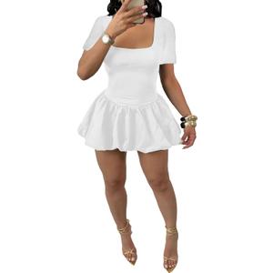 YOOTIKO Women Y2k Bubble Mini Dress Party Clubwear Sexy Square Neck Long Sleeve Cute Puffy Dress (Large, Short White)