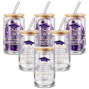 FoldTier 6 Pcs Graduation Gifts Glass Cup Class of 2026 Bulk 16 oz Drinking Cup with Lid and Straw College Her Him Graduate Gift Coffee Cup for Teen High School Grad Party Favor (Purple)
