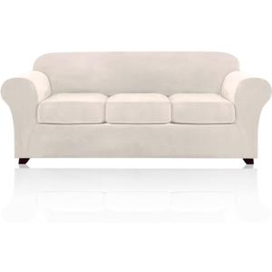 PrinceDeco Velvet Couch Covers for Sofa Soft 4 Pieces Couch Covers for 3 Cushion Couch Sofa Pet Friendly Furniture Protector with Non Slip Elastic Bottom Width Up to 90 Inch (Large, Ivory)