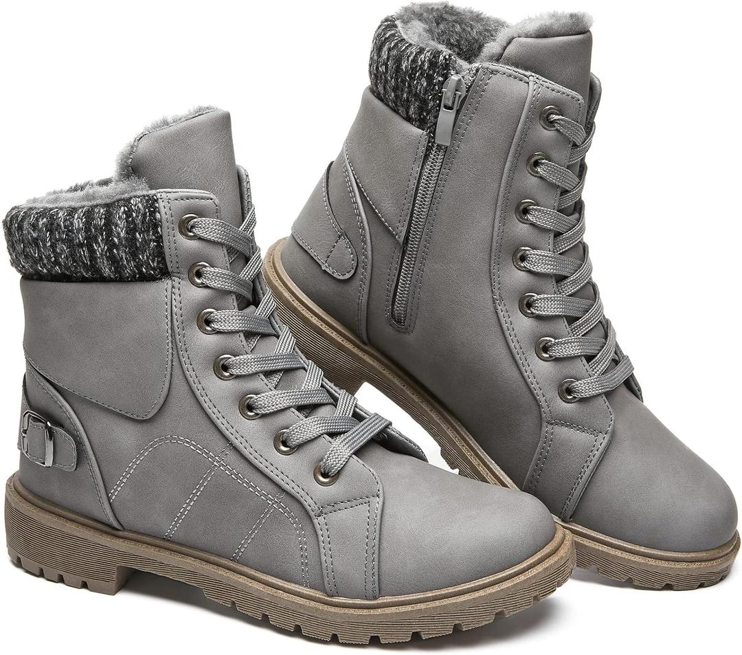 SERNIAL Women's Winter Snow Boots Fur Lined Ankle Boots White Black Side Zipper Booties (7, Grey)