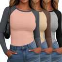 Locoowai 3 Pack Women's Long Sleeve Shirts Fitted Color Block Baseball Tee Raglan Crew Neck Layering Tops (XS)