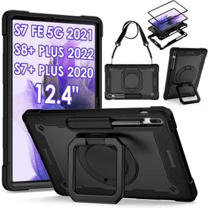 DETUOSI 360 Rotating Hybrid Case for Samsung Galaxy Tab S7 FE 5G/ S8+Plus/ S7+Plus 12.4" with S Pen Holder & Shoulder Strap, 360 Degree Swivel Kickstand Heavy Duty Hybrid Bumper Protective Cover (Black)