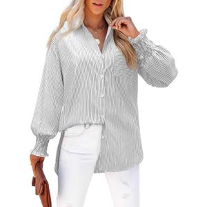 siliteelon Gray Green Striped Button Down Shirts for Women Long Sleeve Blouses Collared Smocked Cuff Boyfriend Plus Business Casual Tops Pocket (S)