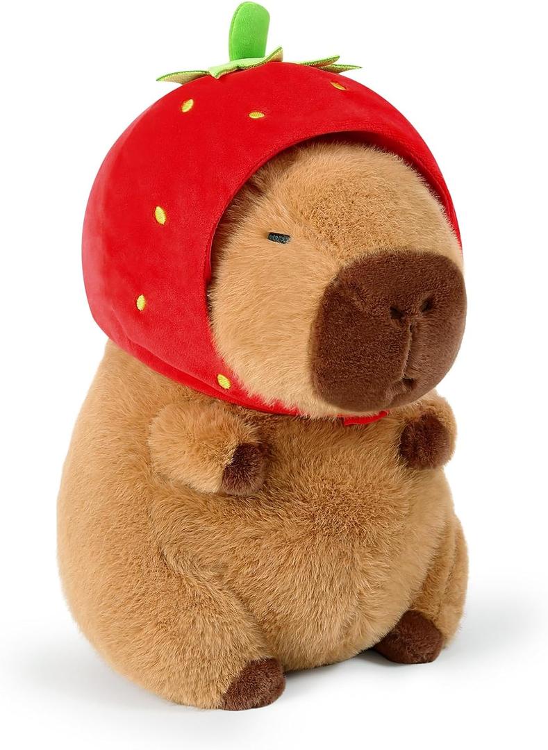 Ditucu Cute Capybara Plush Wear Strawberry Hat Soft Capibara Stuffed Animal Plushies Toys Hugging Gifts for Kids Brown 9 inch
