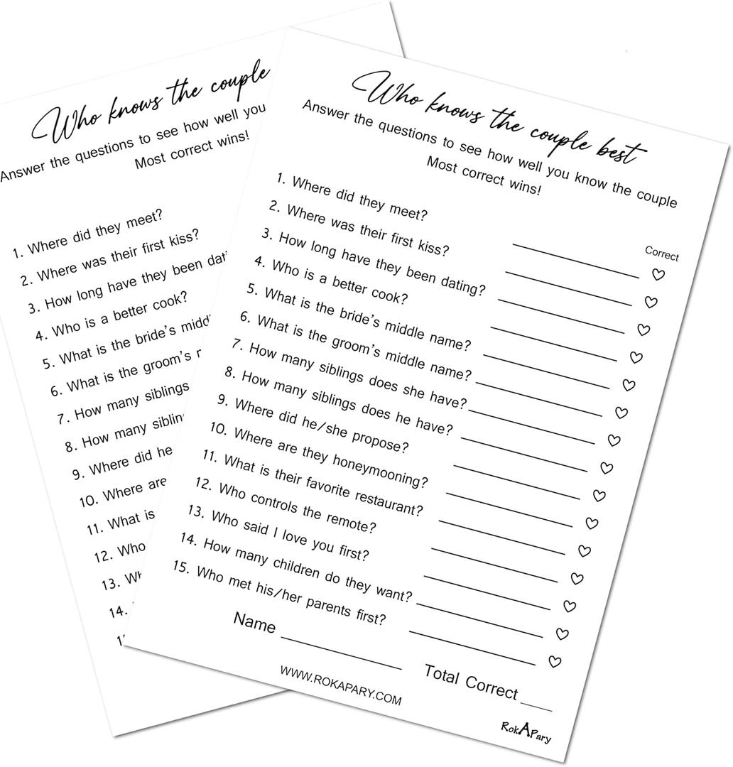 RokAPary Modern Minimalist Who Knows The Couple Best, Wedding, Bridal Shower, Bachelorette or Engagement Party Game, Couples Guessing Play Pack of 50 Cards 5x7 Made in USA