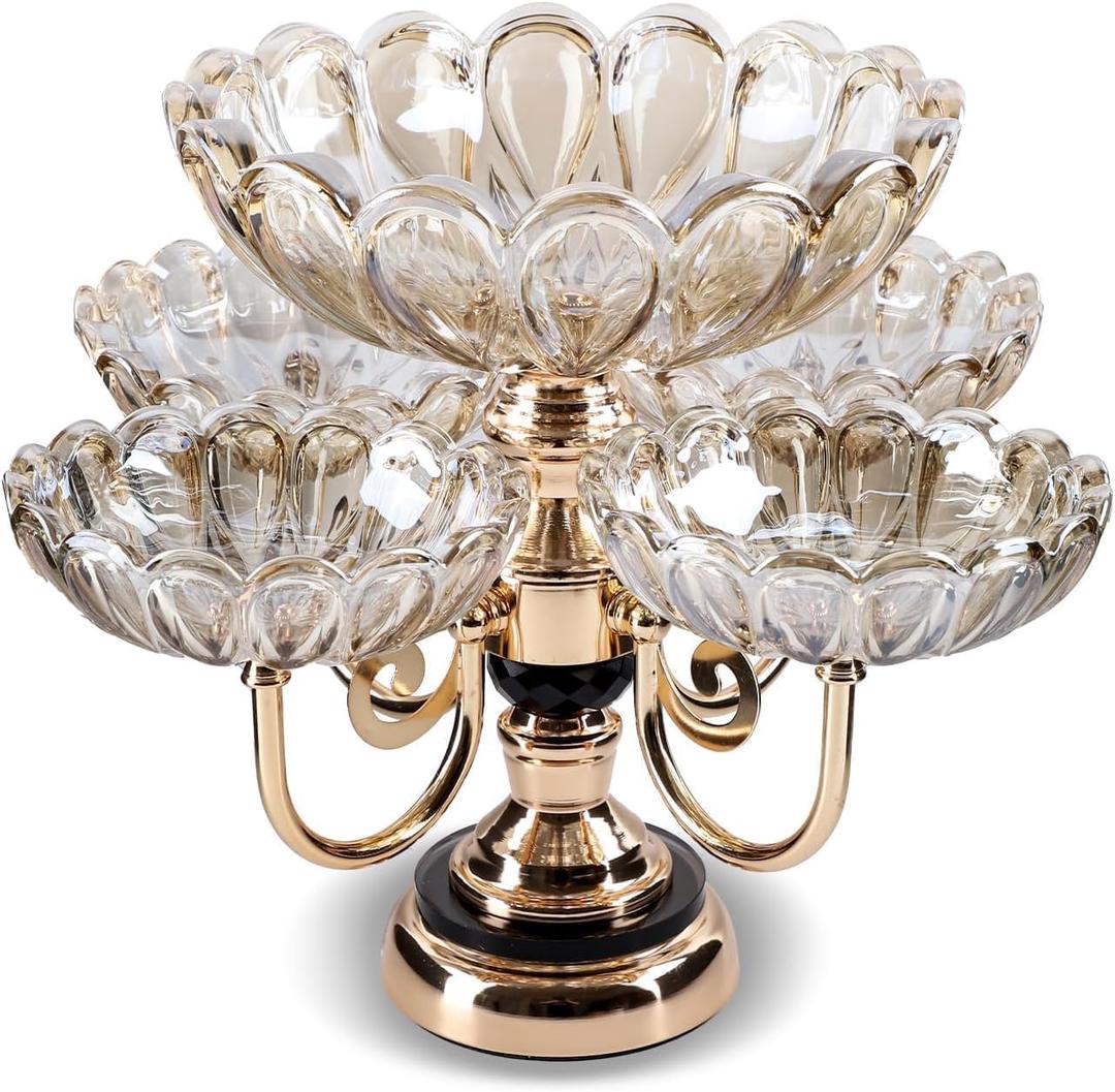 Rotating Tiered Fruit Bowl, British Royal Crystal Glass Fruit Basket, 2-Layer 5-Petal Serving Stand for Kitchen Countertop, Ideal for Home Decor, Candy, Snacks, Appetizers