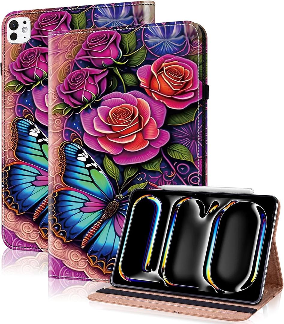 Case for iPad Pro 13 inch (M5/M4) 2025/2024, Premium Leather Folio Stand Protectors Cover with Auto Wake/Sleep, Pencil Holder, Hand Strap and Card Slots - Colorful Butterfly