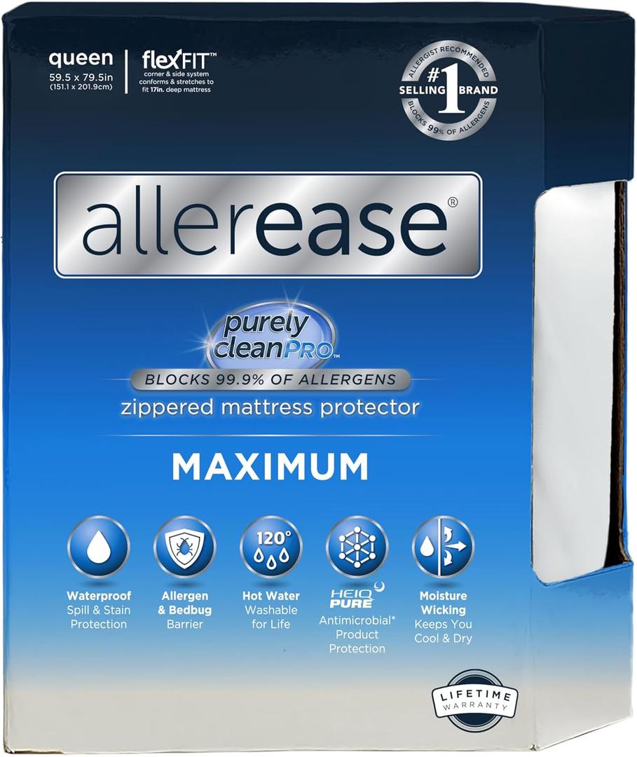 AllerEase Waterproof Mattress Protector, Maximum Allergy Mattress Protector, Queen Zippered Mattress Cover (Queen, White)